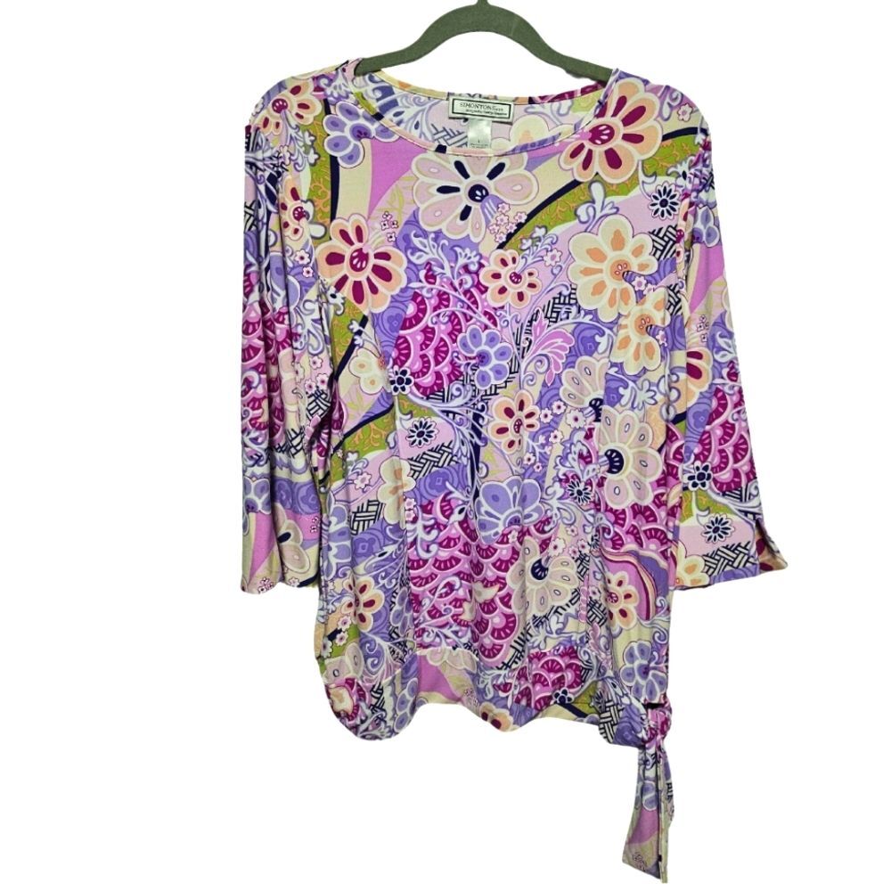 Vintage Simonton Says 3/4 Sleeves Tie Waist Tunic Blouse Allover Print Top Sz L